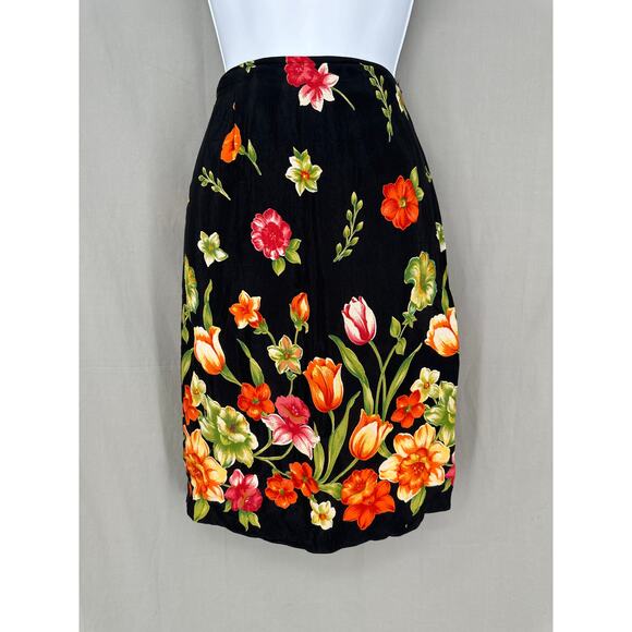 Vintage Dresses & Skirts - 90s Vintage Skirt Womens Medium Black Floral Wrap Knee Length Cottagecore Boho